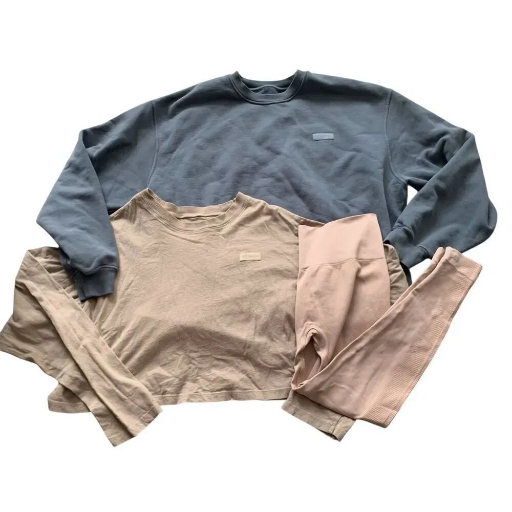 SET ACTIVE gray & tan Sweatshirt Airluxe Leggings Sport L/S T Shirt Set Lot sz L